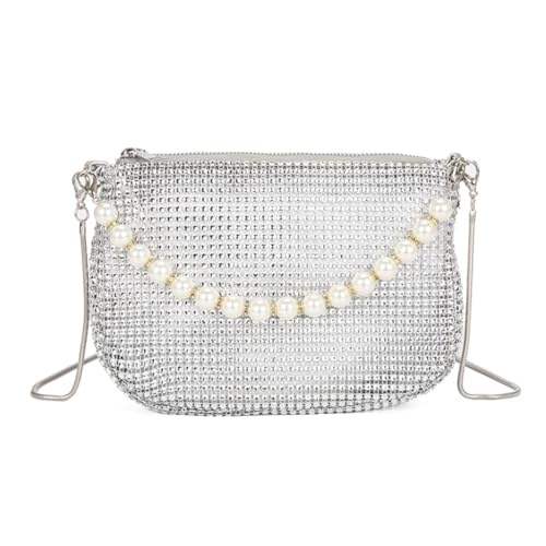 Abendtasche für Mädchen und Damen, Strass, Perlengriff, Schultertasche, Party, Bankett, Hochzeit, Clutch, Handtasche, Kette, silber von Shntig