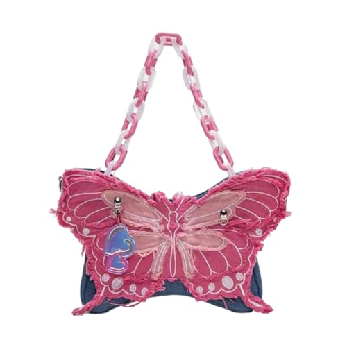 Butterfly Denims Handtasche Damen Vintage Ästhetische Unterarmtasche mit Acrylkette Crossbody Umhängetasche Geldbörse, 1 von Shntig