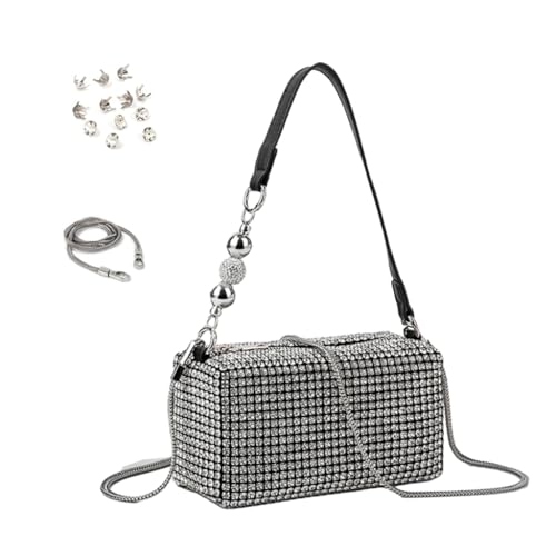 Damen-Abend-Handtasche, modische Strass-Geldbörse, trendige Schultertasche, Crossbody-Tasche, Mädchen, passend für Partys, Silberne drei Perlen von Shntig