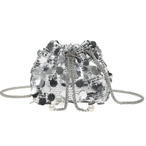 Damen Beuteltasche Strass Schultertasche Kordelzug Crossbody Tasche für Hochzeit, silber von Shntig