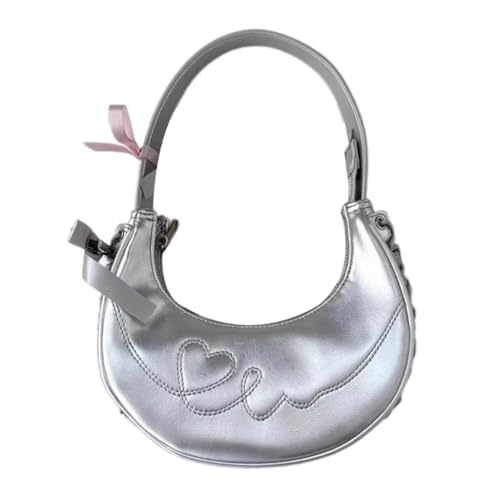 Damen Halbmond Schultertasche Silber Achseltasche Leder Handtasche & Geldbörse für den täglichen Gebrauch, 1 von Shntig