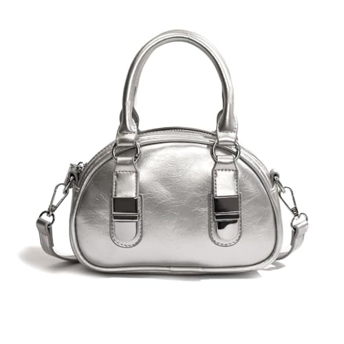 Damen-Handtasche, PU-Leder, Kuriertasche, koreanischer Stil, Umhängetasche, Bowlingtasche, einfache Muscheltasche, silber von Shntig