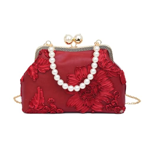 Damen-Handtasche im Vintage-Stil, Blumenmuster, Abendtasche, mit Perlen besetzt, Umhängetasche, burgunderfarben von Shntig
