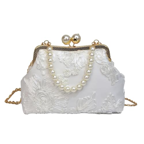 Damen-Handtasche im Vintage-Stil, Blumenmuster, Abendtasche, mit Perlen besetzt, Umhängetasche, weiß von Shntig