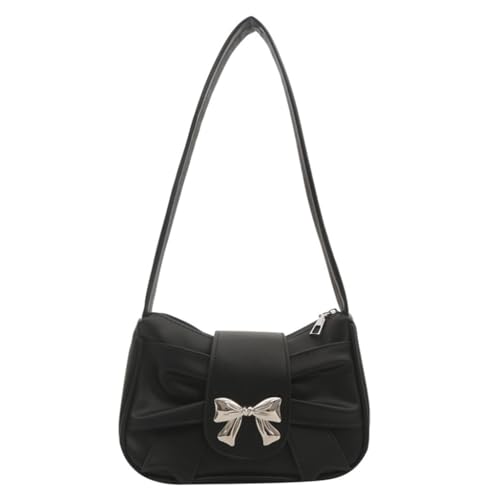 Damen-Handtasche im französischen Stil mit Schleife, niedlich, plissiert, PU-Leder, Schultertasche, Schwarz von Shntig