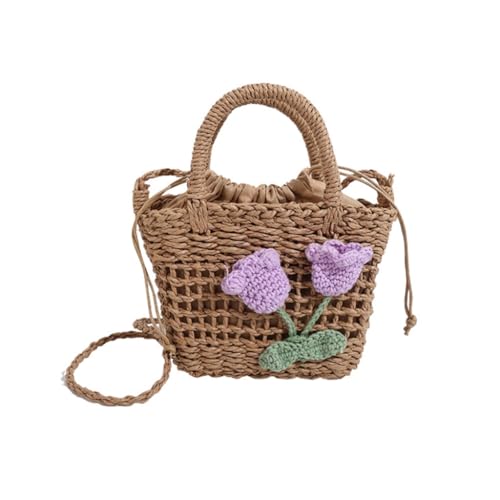 Damen-Umhängetasche aus Stroh, handgefertigt, kleine Kuriertasche, modische Strandtasche, Handtasche für den täglichen Gebrauch auf Reisen, Lila Blume Khaki von Shntig