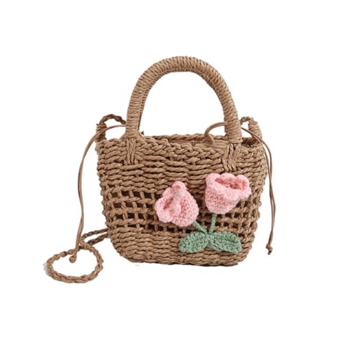 Damen-Umhängetasche aus Stroh, handgefertigt, kleine Kuriertasche, modische Strandtasche, Handtasche für den täglichen Gebrauch auf Reisen, Pink Khaki von Shntig