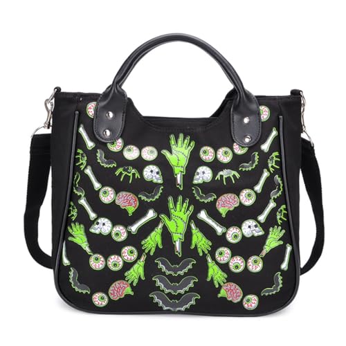 Damen-Umhängetasche mit Blumendruck, Gothic-Optik, modische Handtasche, Canvas, Kuriertasche, personalisierbar, Punk-Tasche, Schwarz von Shntig