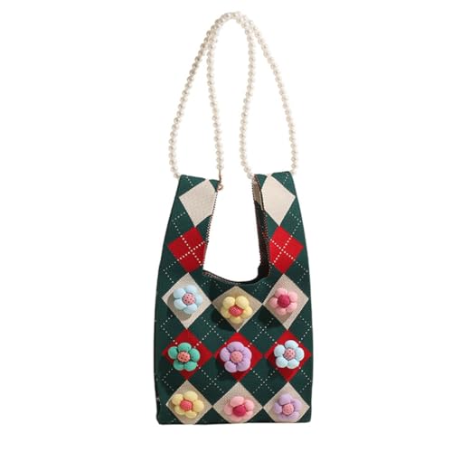 Elegante Damen-Handtasche mit Rautenmuster, mit Perlenkettenriemen, niedliche, bunte Blume, Umhängetasche, grün von Shntig