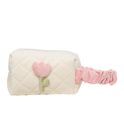 Kosmetiktasche für Damen, mit Blumenmuster, Reise-Kosmetiktasche, Kord, Reißverschluss, tragbare Aufbewahrungsbox, weiß, Wristlets Kosmetiktasche für Damen, mit Blumenmuster, Reise-Kosmetiktasche, Kord, Reißverschluss, tragbare Aufbewahrungsbox, weiß, Wristlets von Shntig