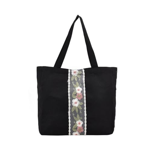 Modische Damentasche mit großem Fassungsvermögen, bestickte Blume, Schultertasche, Handtasche, Schwarz von Shntig