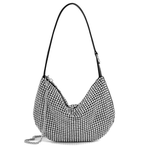 Modische Umhängetasche für Damen, Mondtasche, Handtasche, Kristall, Strass, Crossbody-Tasche, silber von Shntig