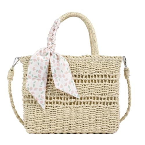 Schultertasche aus Stroh, für Reisen, Strand, für Mädchen und Damen, große Kapazität, beige, Silk scarf von Shntig