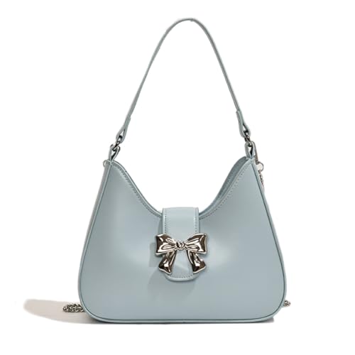 Shntig Damen-Handtasche mit niedlicher Schleife, PU-Leder, Unterarmtasche, Geldbörse, Kette, Crossbody-Tasche, blau, Large von Shntig