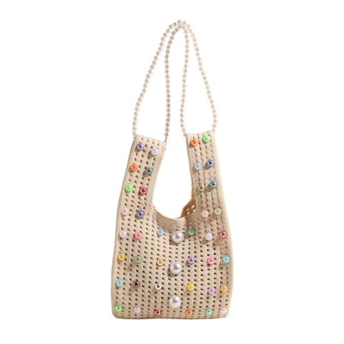 Shntig Kreative gestrickte kleine Handtasche für Damen, modische Perlenkette, Unterarmtaschen, Mädchen, lässige Eimertasche, beige von Shntig