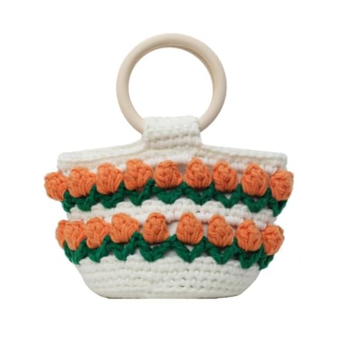 Vintage Gestrickte Blumeneimer Tasche mit Holzgriff Frauen Elegant Crochet Woven Flower Basket Bag Kleine Handtasche Geldbörse, Orangefarbene runde Handtasche von Shntig