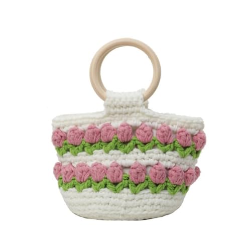 Vintage Gestrickte Blumeneimer Tasche mit Holzgriff Frauen Elegant Crochet Woven Flower Basket Bag Kleine Handtasche Geldbörse, Rosafarbene runde Handtasche von Shntig