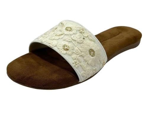 Flache Jutti-Sandalen für Damen, modisch, rund, offener Zehenbereich, Slipper, mit ethnischen Hausschuhen, für den Sommer, Cream, 37.5 EU von Shoe Bazar