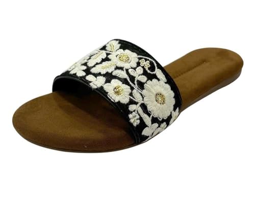 Flache Jutti-Sandalen für Damen, modisch, rund, offener Zehenbereich, Slipper, mit ethnischen Hausschuhen, für den Sommer, Schwarz/Weiß, 39 EU von Shoe Bazar