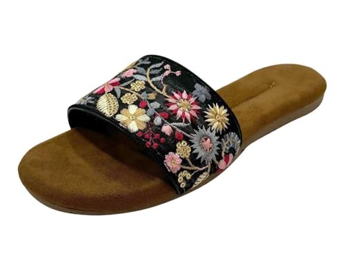 Flache Jutti-Sandalen für Damen, modisch, rund, offener Zehenbereich, Slipper, mit ethnischen Hausschuhen, für den Sommer, Schwarz Multi, 41 EU von Shoe Bazar