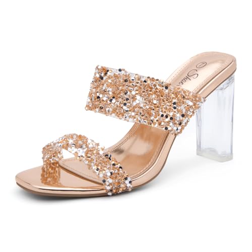 Shoe Land Brienna Damen-Pantoletten mit transparenten Absätzen, transparent, zum Hineinschlüpfen, klobiger Block, hoher Absatz, elegante Sandalen, transparente Schuhe für Abschlussball, Hochzeit, von Shoe Land