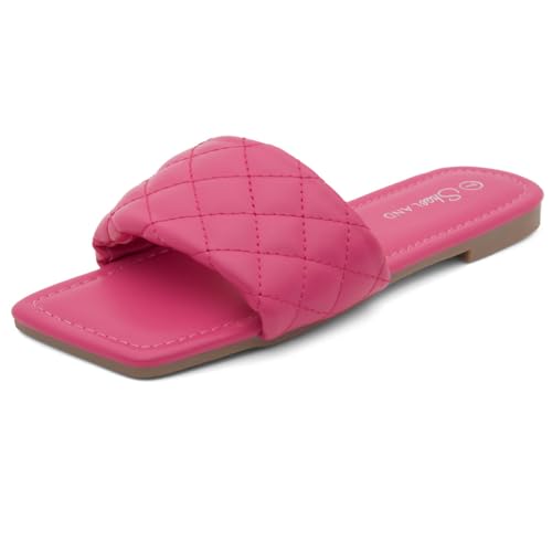 Shoe Land Flache Damen-Sandalen – gesteppte One-Riemen-Mode-Slides mit quadratischem offenem Zehenbereich und Komfort-Fußbett | elegante lässige Schlupfsandalen für Sommer, Reisen und Alltag, Fuchsia von Shoe Land