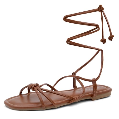Shoe Land Flache Schnürsandalen für Damen, Gladiator-Sandalen mit verstellbaren überkreuzten Knöchelriemen, bequeme offene Zehenschuhe für Sommer, Strand und Reisen, 2022Cognac, 38.5 EU von Shoe Land