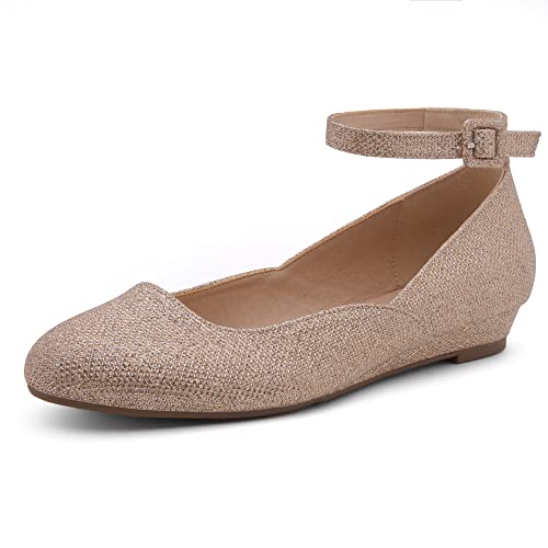 Shoe Land Flache Schuhe für Damen, elegante und bequeme Schlupfschuhe mit niedrigem Keilabsatz und Knöchelriemen, runde Zehenpartie, Ballerinas für Arbeit, Büro, Party & Business Casual von Shoe Land