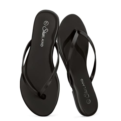 Shoe Land Flip Flops für Damen - Memory Foam Flache Sandalen mit veganem Leder | Leichte Sommer-Slides für Strand, Reisen & Alltag | rutschfeste Komfort-Sandalen, 2024 Schwarz, 39.5 EU von Shoe Land