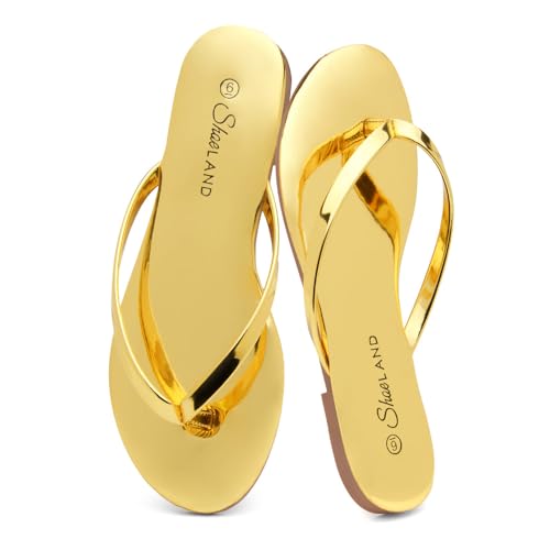Shoe Land Flip Flops für Damen - Memory Foam Flache Sandalen mit veganem Leder | Leichte Sommer-Slides für Strand, Reisen & Alltag | rutschfeste Komfort-Sandalen, 2036 Gelbgold, 35 EU von Shoe Land