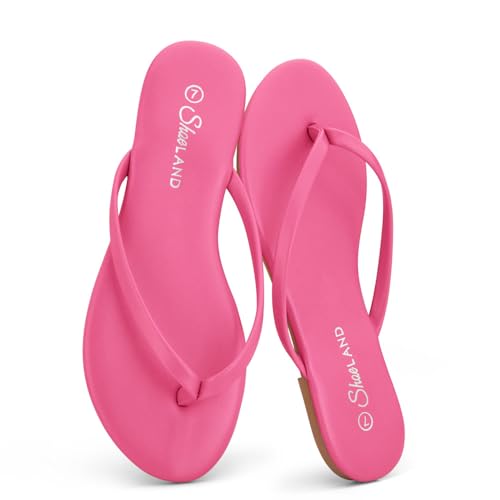Shoe Land Flip Flops für Damen - Memory Foam Flache Sandalen mit veganem Leder | Leichte Sommer-Slides für Strand, Reisen & Alltag | rutschfeste Komfort-Sandalen, Fuchsia, 37.5 EU von Shoe Land