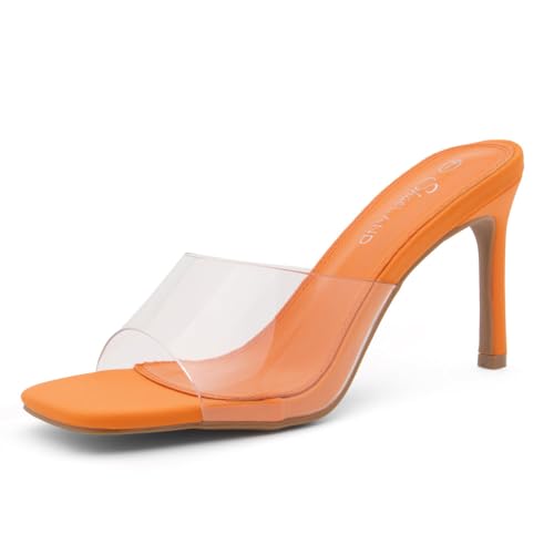 Shoe Land Melrose Damen-Sandalen mit hohem Absatz, quadratisch, offener Zehenbereich, gesteppt, einzelner Riemen, Pantoletten mit Absatz, Transparentes Orange, 39 EU von Shoe Land