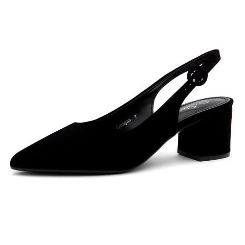 Shoe Land Niedrige Blockabsätze mit spitzem Zehenbereich für Damen – Slingback-Slip-On-Pumps mit klobigem Absatz, 5,7 cm, bequem, für Arbeit, Büro und Hochzeit, Blacknubuck, 39 EU von Shoe Land