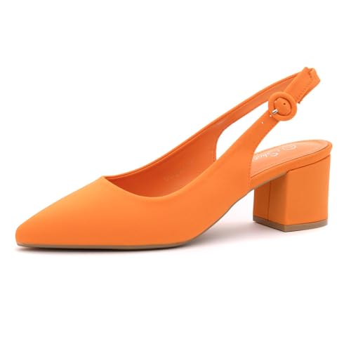Shoe Land Niedrige Blockabsätze mit spitzem Zehenbereich für Damen – Slingback-Slip-On-Pumps mit klobigem Absatz, 5,7 cm, bequem, für Arbeit, Büro und Hochzeit, Orange/Abendrot im Zickzackmuster von Shoe Land