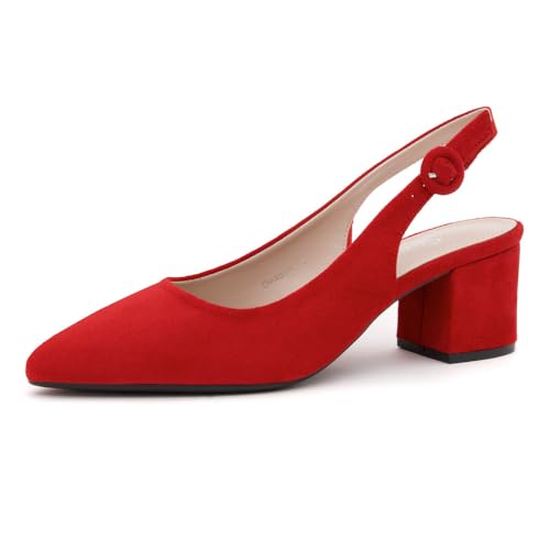 Shoe Land Niedrige Blockabsätze mit spitzem Zehenbereich für Damen – Slingback-Slip-On-Pumps mit klobigem Absatz, 5,7 cm, bequem, für Arbeit, Büro und Hochzeit, Rot/Ausflug, einfarbig (Getaway Solids von Shoe Land