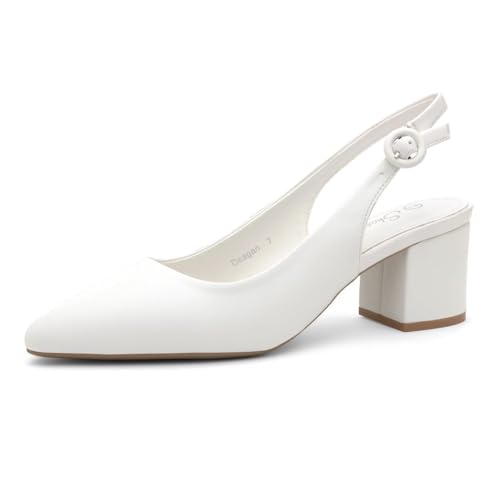 Shoe Land Niedrige Blockabsätze mit spitzem Zehenbereich für Damen – Slingback-Slip-On-Pumps mit klobigem Absatz, 5,7 cm, bequem, für Arbeit, Büro und Hochzeit, Weiss/opulenter Garten, 36 EU von Shoe Land