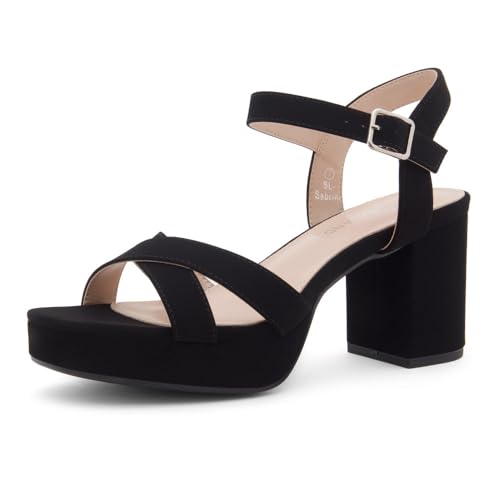 Shoe Land Plateauabsätze für Damen – 7,6 cm große Sandalen mit Blockabsatz, quadratischer offener Zehenbereich, Knöchelriemen, elegante Riemchen-High Heels für Hochzeit, Party und Abendveranstaltungen von Shoe Land