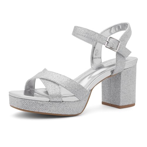 Shoe Land Plateauabsätze für Damen – 7,6 cm große Sandalen mit Blockabsatz, quadratischer offener Zehenbereich, Knöchelriemen, elegante Riemchen-High Heels für Hochzeit, Party und Abendveranstaltungen von Shoe Land