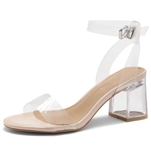 Shoe Land SL-AMAYA Damen Open Toe Knöchelriemen Chunk Low Clear Heel Kleid Pumps Sandalen, Clearnude, 37 EU von Shoe Land