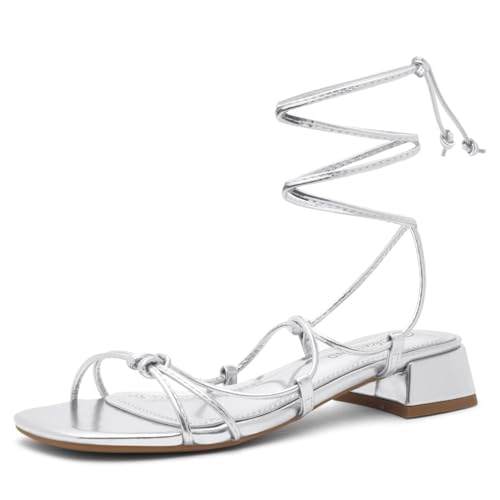 Shoe Land SL-Danica Damen Schnürschuhe Chunky Low Heels Riemchen Knöchel Wrap Heeled Sandalen Square Open Toe Tie Up Kleid Sandalen für Urlaub, Party und Hochzeit, silber, 38.5 EU von Shoe Land