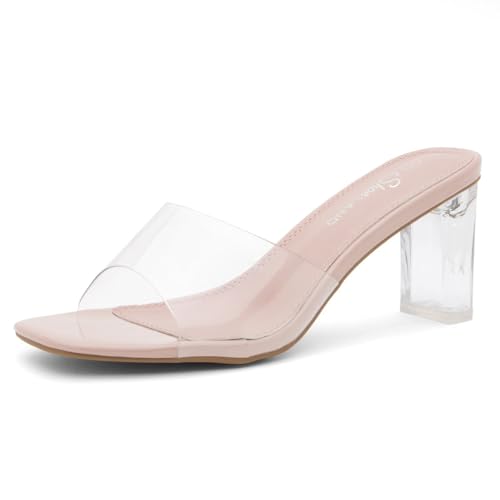 Shoe Land SL-Jolene Damen Clear Heels Low Chunky Block Heeled Clear Slides Square Open Toe One Band Slip On Heeled Pantoletten Kleid Klar Sandalen für Abschlussball Hochzeit, 2023clearnude, 38 EU von Shoe Land