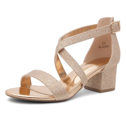 Shoe Land SL-LESSA Damen-Sandalen mit niedrigem Absatz, offener Zehenbereich, Knöchelriemen, klobiger Block, kurzer Absatz, Pumps für Büro, Abschlussball, Hochzeit, Party, Roségoldschimmer, 35 EU von Shoe Land
