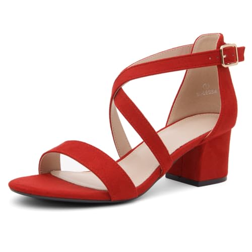 Shoe Land SL-LESSA Damen-Sandalen mit niedrigem Absatz, offener Zehenbereich, Knöchelriemen, klobiger Block, kurzer Absatz, Pumps für Büro, Abschlussball, Hochzeit, Party, Rot/Ausflug, einfarbig von Shoe Land