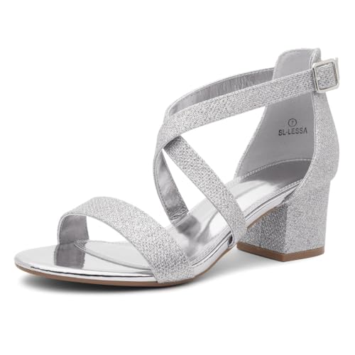 Shoe Land SL-LESSA Damen-Sandalen mit niedrigem Absatz, offener Zehenbereich, Knöchelriemen, klobiger Block, kurzer Absatz, Pumps für Büro, Abschlussball, Hochzeit, Party, Silberschimmer, 35 EU von Shoe Land