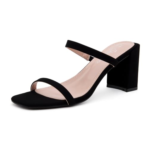 Shoe Land SL-MADRID Damen-Sandalen mit Absatz und Doppelriemen, Schlupfpantoletten, klobiger Blockabsatz, elegante Schuhe für Abschlussball, Hochzeit, Party, Schwarz, 39 EU von Shoe Land