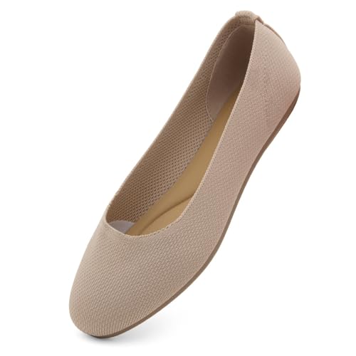 Shoe Land SL-Memory Damen Flats - Runde Zehen Elegante Ballerinas Faltbare Slip-On Knit Flache Schuhe mit Memory-Schaum Bequem für Tägliches Tragen Arbeit Büro Party, 2023beigekn, 36 EU von Shoe Land