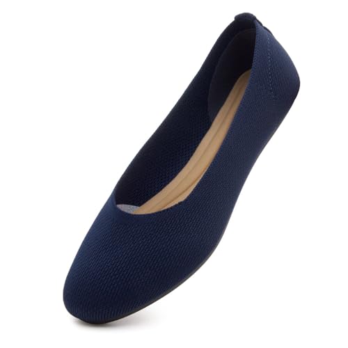 Shoe Land SL-Memory Damen Flats - Runde Zehen Elegante Ballerinas Faltbare Slip-On Knit Flache Schuhe mit Memory-Schaum Bequem für Tägliches Tragen Arbeit Büro Party, 2023navykn, 37 EU von Shoe Land