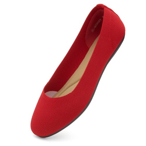 Shoe Land SL-Memory Damen Flats - Runde Zehen Elegante Ballerinas Faltbare Slip-On Knit Flache Schuhe mit Memory-Schaum Bequem für Tägliches Tragen Arbeit Büro Party, 2023redkn, 37.5 EU von Shoe Land