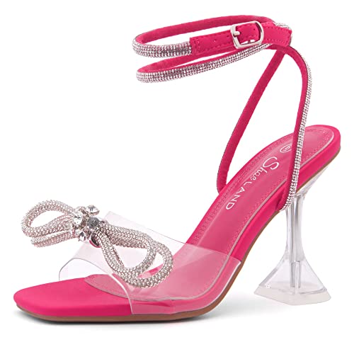 Shoe Land SL-NAOMI Damen Sandalen mit durchsichtigen Absätzen und doppelten Schleifen, offener Zehenbereich, Stiletto, High Heels, Kleid, Party, Hochzeit, Kristallschuhe, Clearfuchsia, 39 EU von Shoe Land