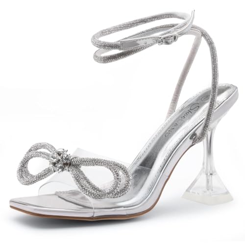 Shoe Land SL-NAOMI Damen-Sandalen mit doppelten Schleifen, Kristall, klare Slingback-Absatz, quadratisch, offener Zehenbereich, Kleid mit Absatz, für Abschlussball, Hochzeit, Clearsilver, 39 EU von Shoe Land